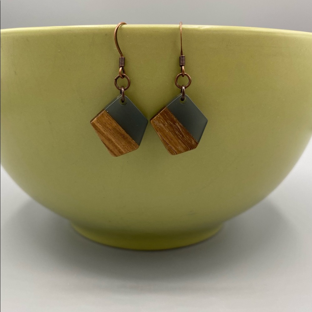 Wood and Resin Polygon Drop Earrings Slate Blue